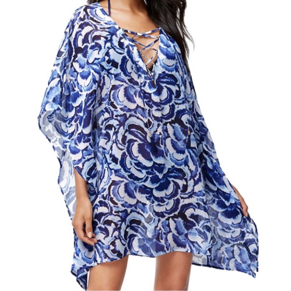 Tommy Bahama Blue/White Pansy Print Lace-up Swim Cover Tunic